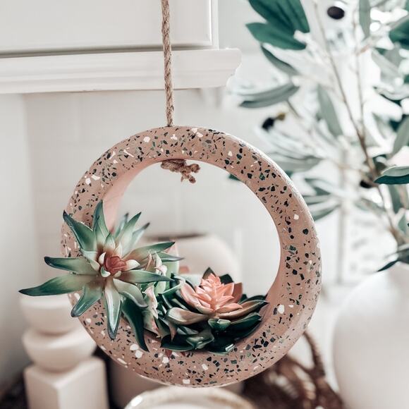 Jungalow lot succulents + terrazzo terracotta hanging circle planter boho home - Picture 6 of 8